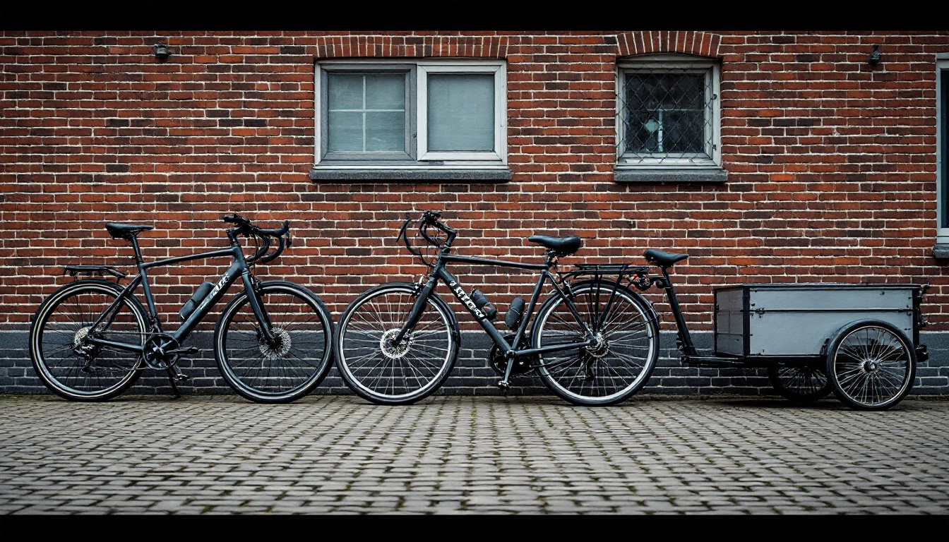 Verschiedene Fahrradtypen stehen nebeneinander an einer Backsteinwand in einem Innenhof.