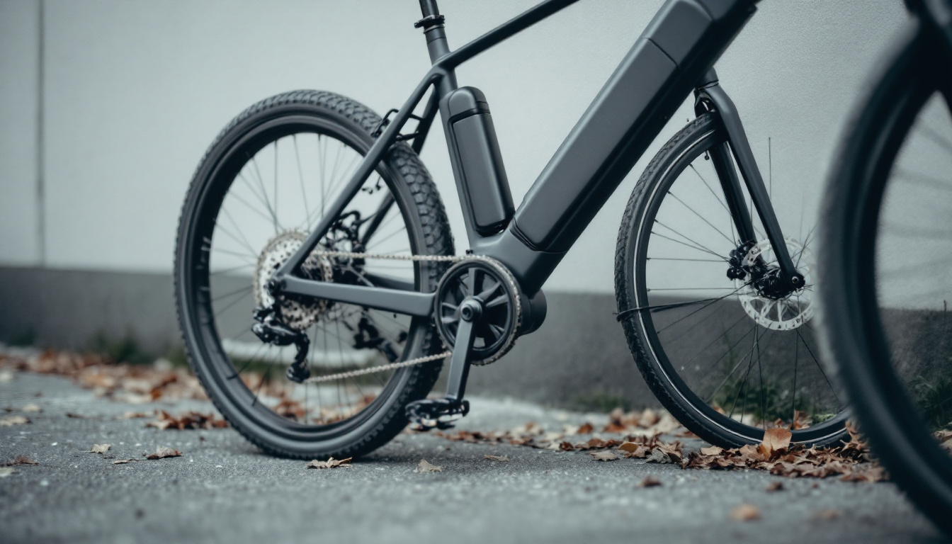 Nahaufnahme des Mittelmotors und des Akkus an einem E-Bike, das an einer Wand lehnt.