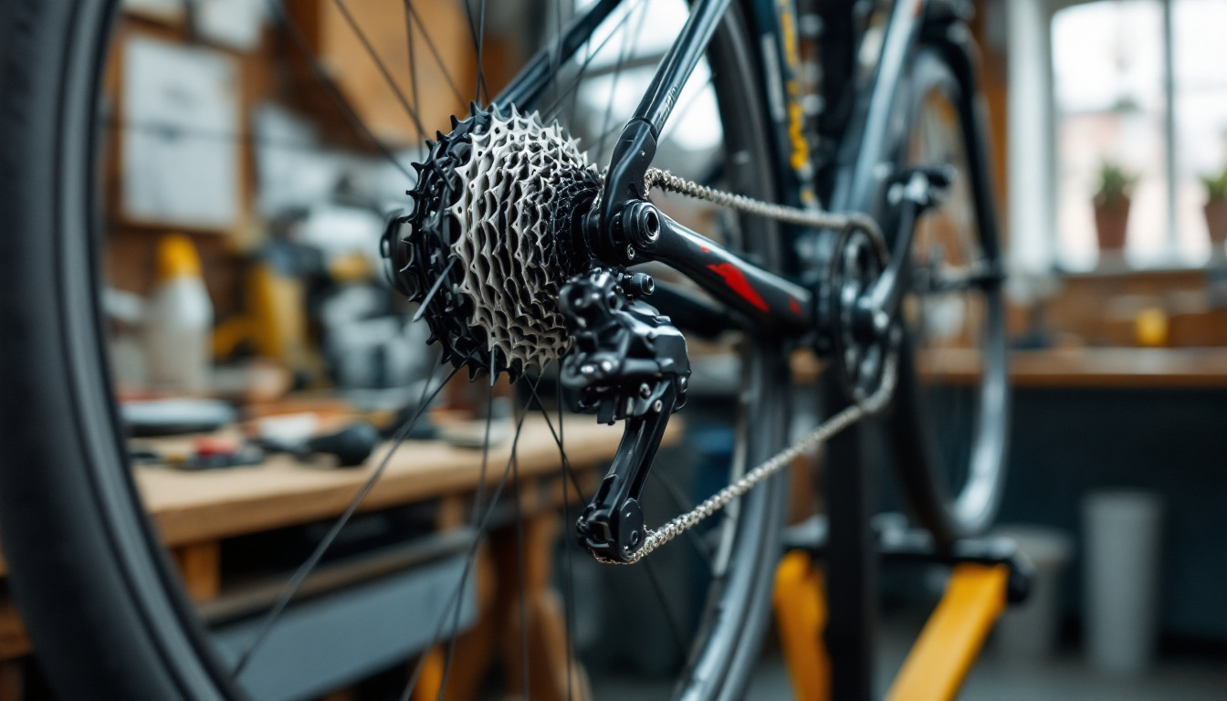 Ein in einem Montageständer eingespanntes Fahrrad, im Vordergrund die Schaltung am Hinterrad und Werkzeug auf einer Werkbank.