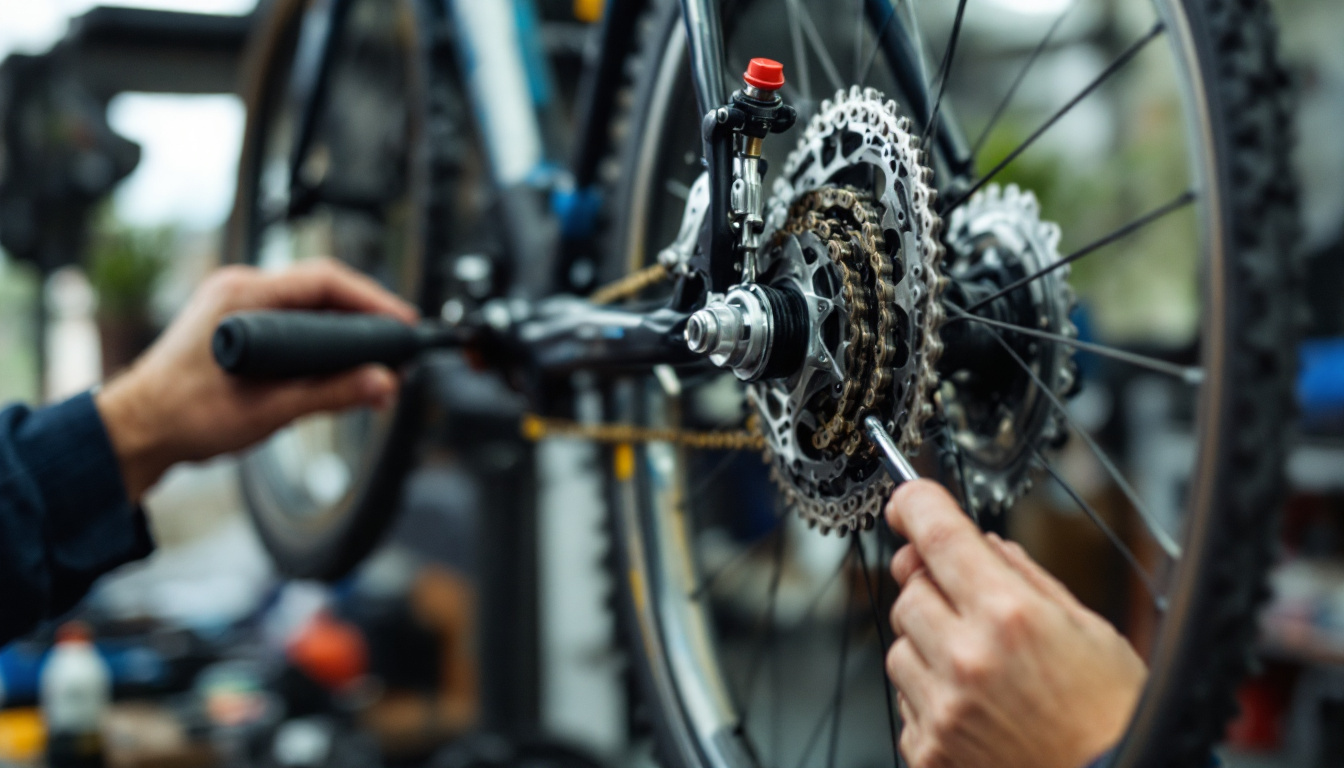 Ein Fahrrad im Montageständer, an dem an Kette und Schaltwerk gearbeitet wird.