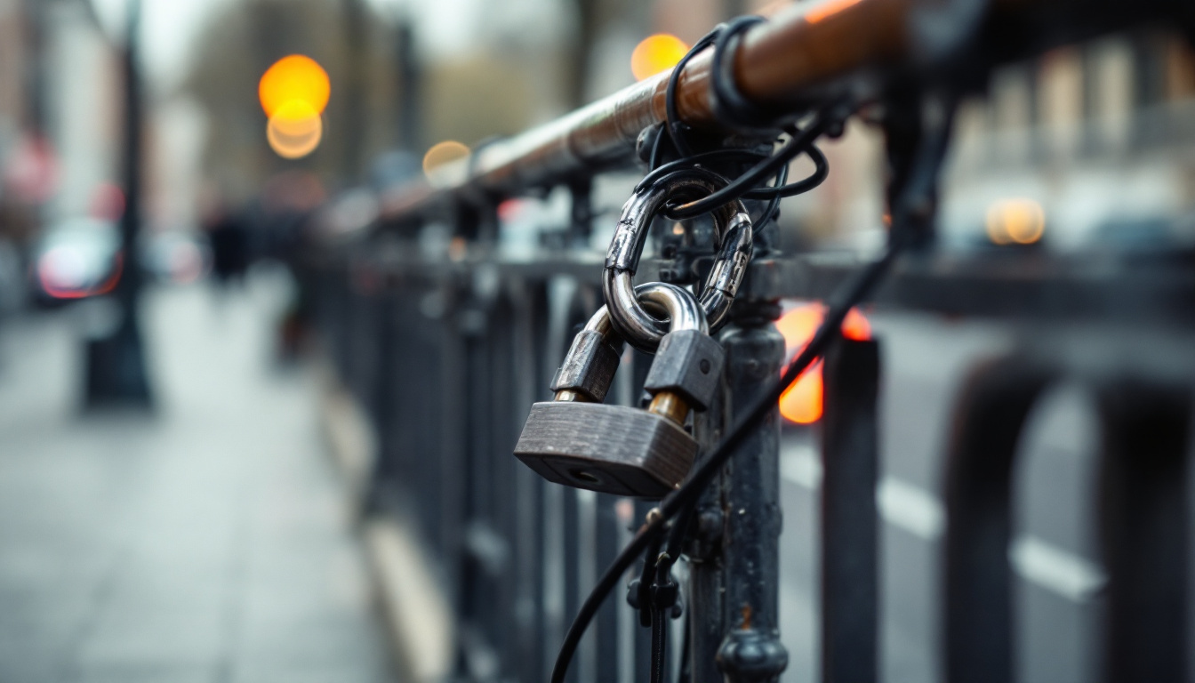 Ein Fahrrad ist mit einem stabilen Bügelschloss an einem Metallgeländer angeschlossen.