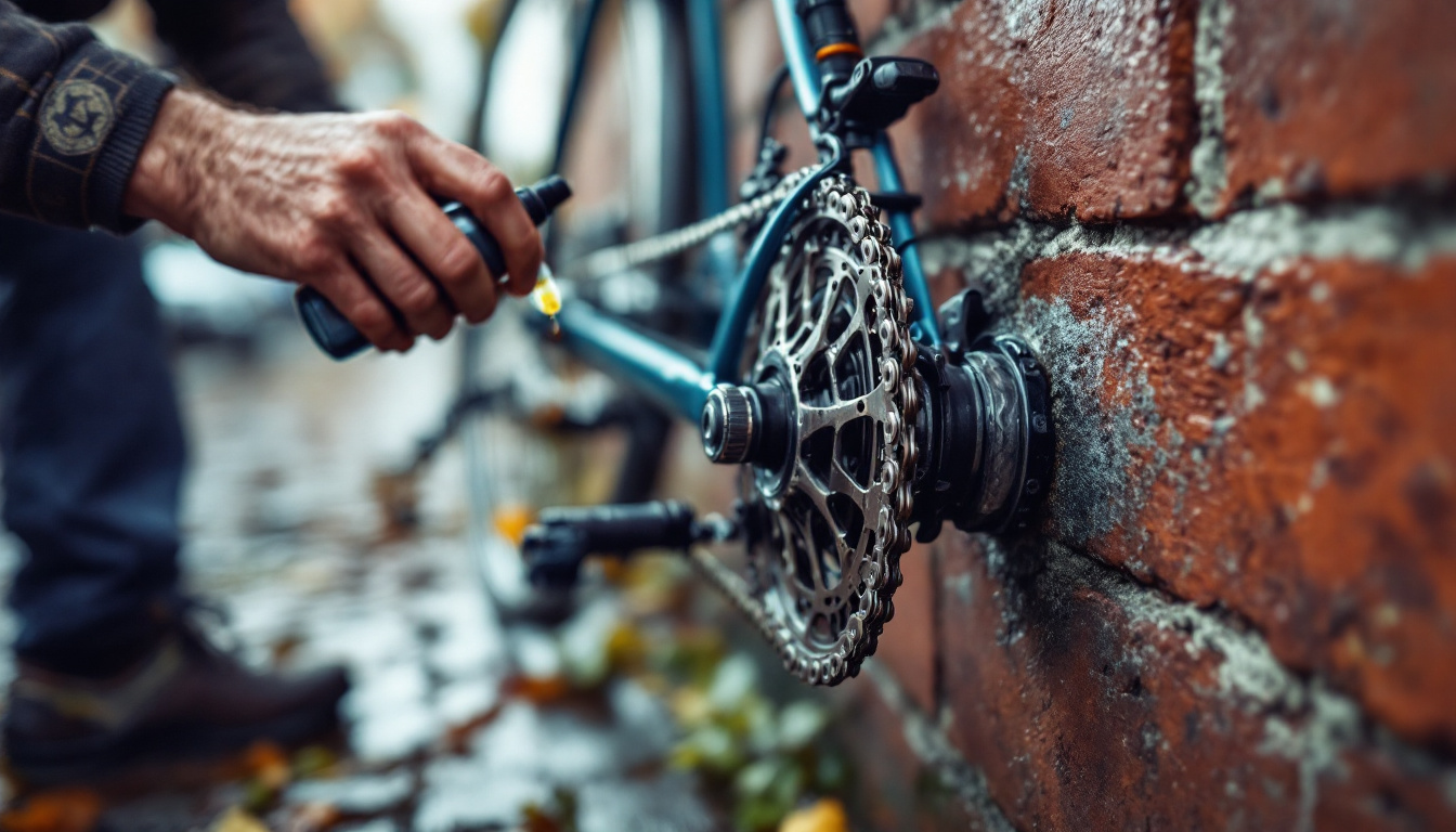 Nahaufnahme einer Fahrradkette und Kassette, die mit einem Ölfläschchen geschmiert werden, im Hintergrund nasses Kopfsteinpflaster.