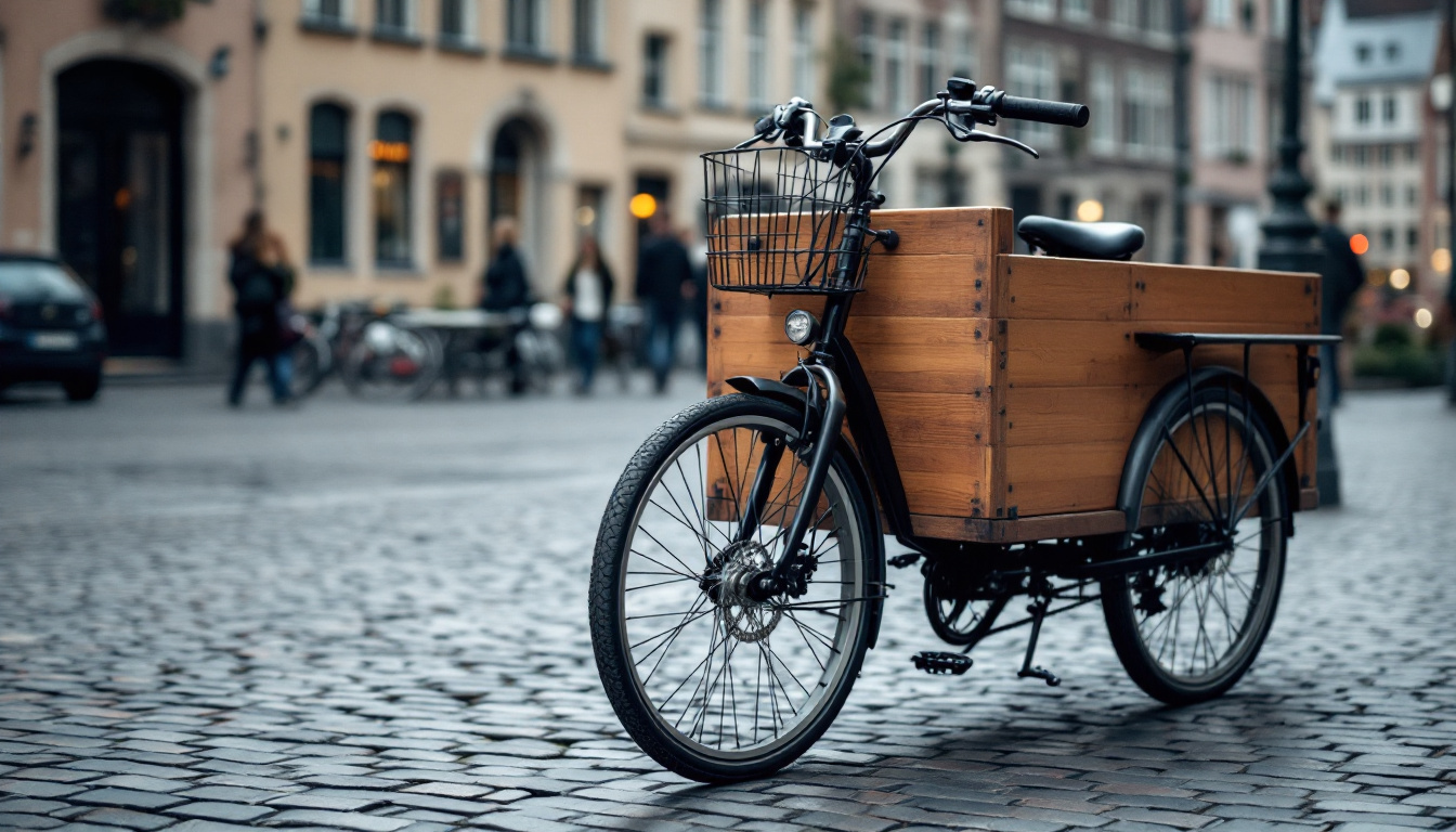 Ein zweirädriges Lastenrad mit leerer Holztransportbox steht auf einem gepflasterten Platz in einer Altstadt.